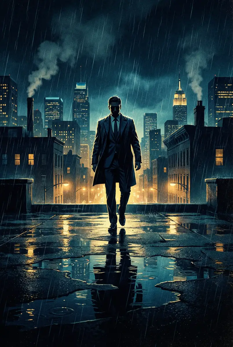 全世界最好的你24集免费观看 出品影片《雨夜独行者》海报，雨中城市屋顶男性剪影